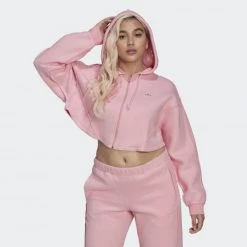Το φθηνότερο 🥰 Μπλούζα Με Κουκούλα Adidas Originals Crop Full-Zip Loungewear Hoodie PINK 🥰