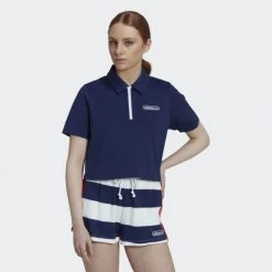 Φτηνός ❤️ Πόλο Τ-shirts Adidas Originals Crop Zip Polo 👕 Shirt BLUE 🌟
